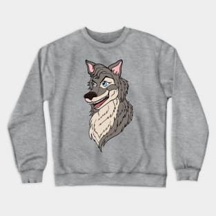 Expressive Grinning Mischievous Wolf Cartoon Head Crewneck Sweatshirt